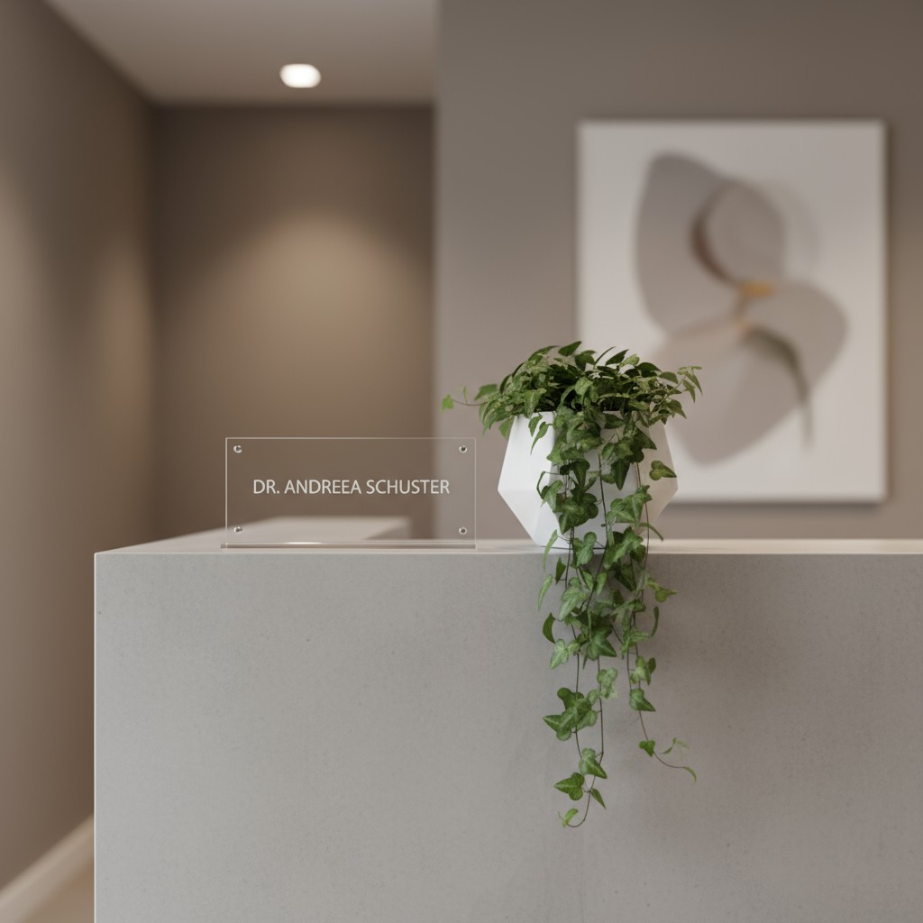 Reception area with a nameplate that reads 'Dr. Andreea Schuster' and a potted plant on the countertop.