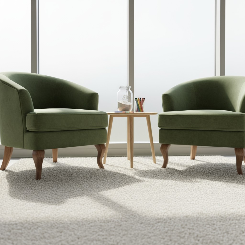 English A serene living room with light green upholstered chairs, a small wooden table with a glass jar and colored pencil...